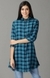 SHOWOFF Women Teal Checked Spread Collar Three-Quarter Sleeves Long Casual Shirt
