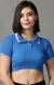 SHOWOFF Women Blue Solid Shirt Collar Short Sleeves Crop Top