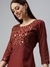 SHOWOFF Women Maroon Floral Round Neck Three-Quarter Sleeves Mid Length Fit and Flare Kurta