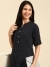 SHOWOFF Women Navy Blue Striped Mandarin Collar Short Sleeves Mid Length Straight Kurta Set
