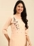 SHOWOFF Women Peach Embroidered Scoop Neck Three-Quarter Sleeves Mid Length Straight Kurta Set