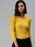 SHOWOFF Women Mustard Solid Round Neck Full Sleeves Regular Fitted Top