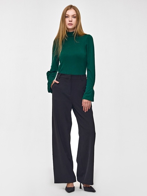 Dark teal turtleneck with black palazzo pants
