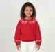 Girls Red Crew-Neck Sweatshirt with Scalloped Floral Collar Embroidery