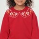 Girls Red Crew-Neck Sweatshirt with Scalloped Floral Collar Embroidery