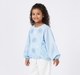 Girls Sky Blue Floral Embroidered Balloon Sleeve Top