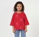 Girls Red Floral Line-Art Embroidered Boxy Top