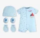 Infants Boys Romper Set With Mittens, Booties & Cap - Blue