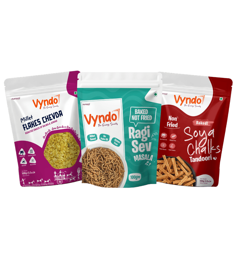 Millet Flakes Chevda, Ragi Sev, Soya Sticks - Vyndo The Energy Snacks